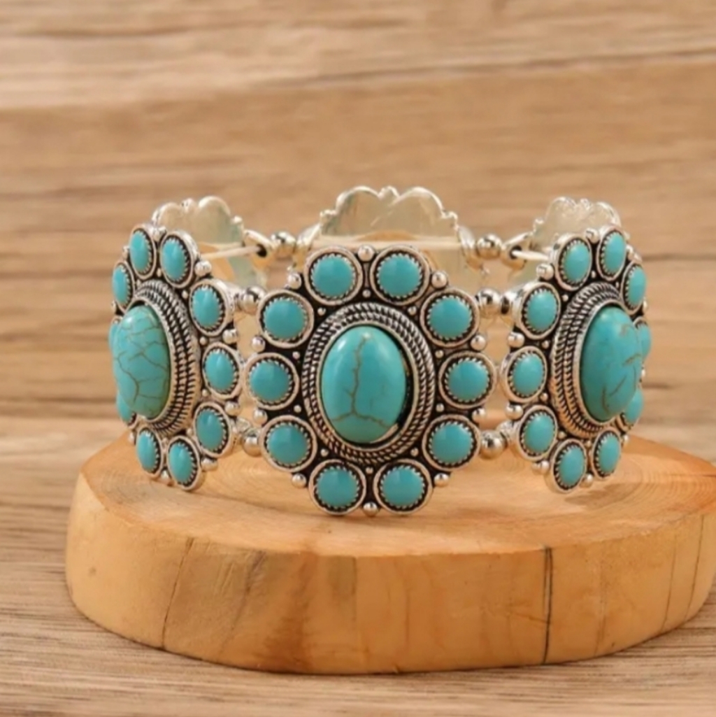 Natural Turquoise Boho Elastic Bracelet For Women.